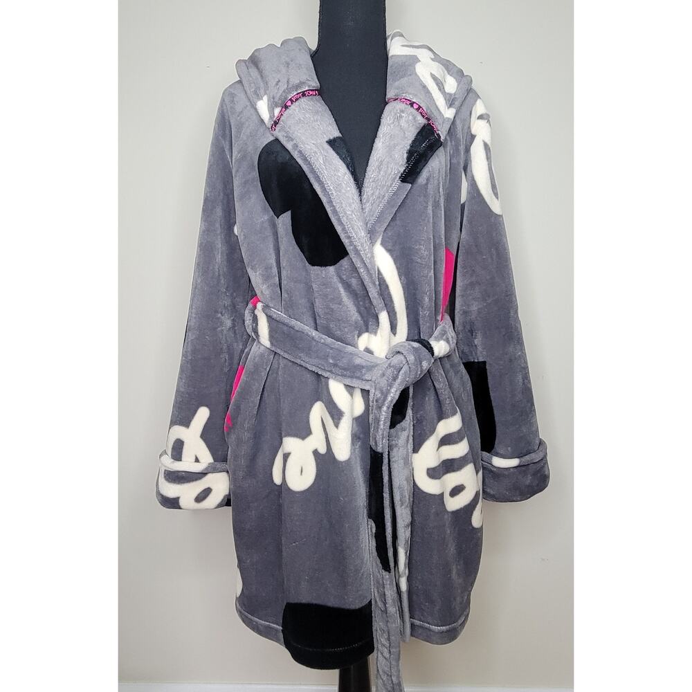 BETSEY JOHNSON Pop Art Love Plush Cozy Hooded Tie Robe w/Pockets Women's sz M/L